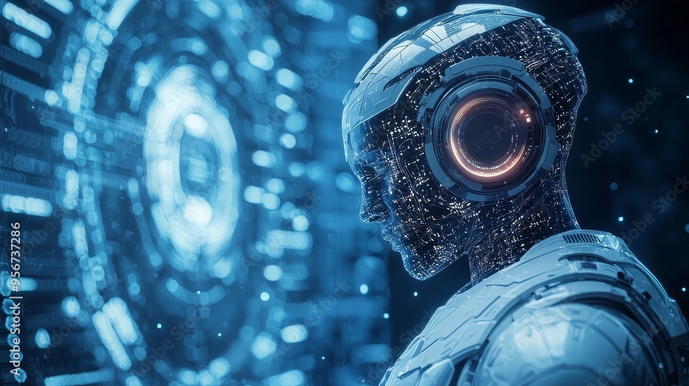 Poster futuristic robot with circuitry and glowing lights.