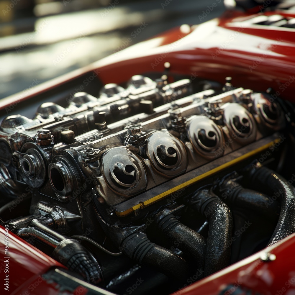 Poster Close-up of a powerful engine with chrome parts and yellow accents.