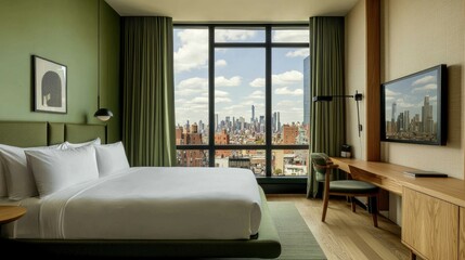 Modern hotel room in Brooklyn with sage green and maple color palette, featuring a stylish interior and panoramic views of Manhattan's skyline, perfect for travelers
