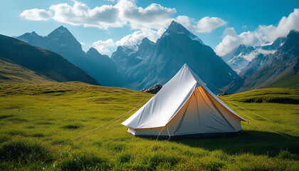 A picturesque mountain landscape with a white tent set up on a grassy field