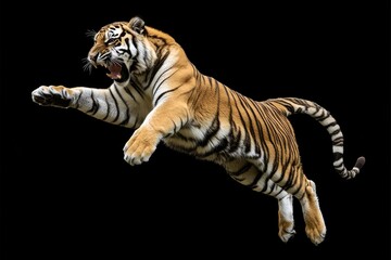 Obraz premium A Tiger Leaping in Mid-Air with Fangs Bared
