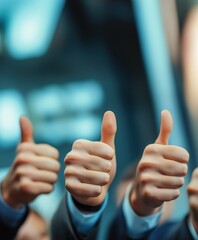 A group of business people giving thumbs up, symbolizing positive sales and service quality in their work with visually appealing hands showing thumbs-up sign against a blurred office background. 