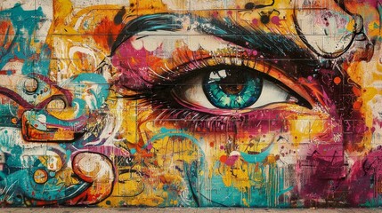 Colorful Graffiti Eye on Brick Wall.