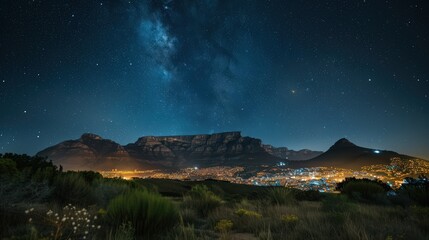 A nighttime view of Table Mountain, with the stars visible in the clear sky above and the city lights of Cape Town glowing below