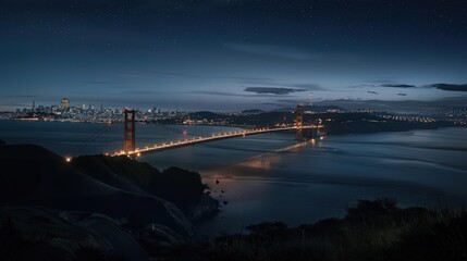 Fototapeta premium A nighttime view of the Golden Gate Bridge, with its lights glowing against the dark sky and the city lights twinkling in the distance