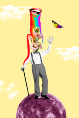 Trend artwork composite sketch image collage of aged man stand moon hols stick show gesture hi...
