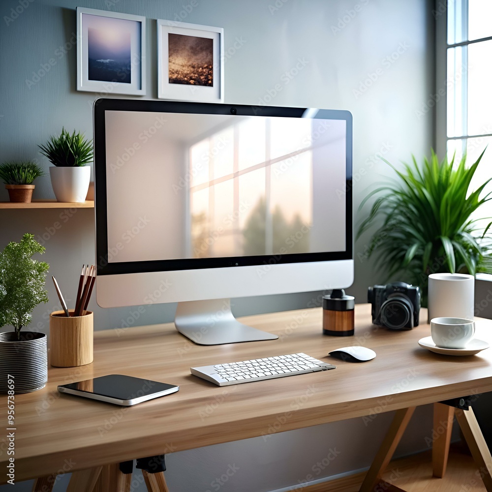 Poster modern workspace mockup featuring a sleek desktop computer. a wireless keyboard. and a camera.