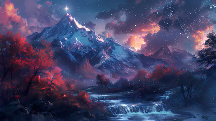 Fototapeta premium A stunning blue winding river with an electric current flowing through it leads to a snow-capped mountain with a star just above it.