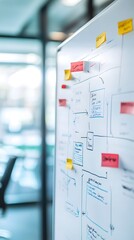 Business plan flowchart on a whiteboard in a conference room, collaborative planning session