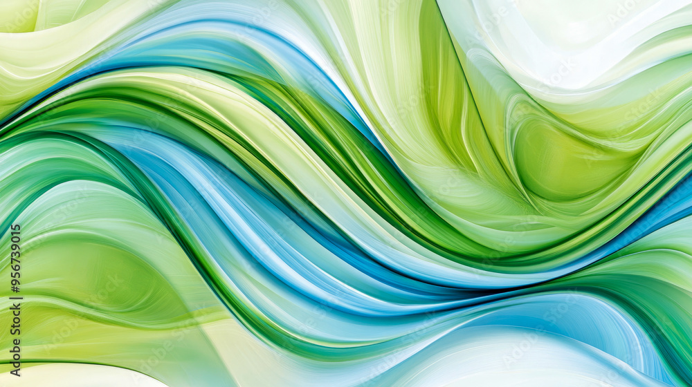 Poster a digital abstract image with swirling shades of green and blue, creating a refreshing and natural a