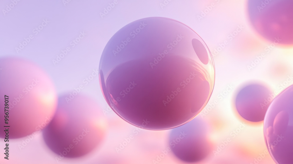 Poster an artistic image of glossy pink spheres floating in soft light, creating an ethereal and dreamy vis