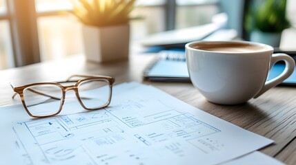 Business plan blueprint on a desk with coffee and glasses, strategic planning concept