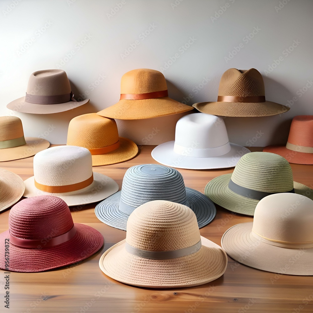 Poster a beautiful arrangement of colorful straw hats. perfect for adding a touch of summer style to any de