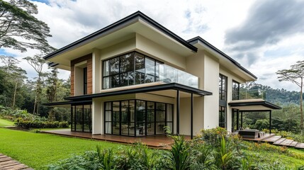 Modern two-story house with cream-colored walls and black glass windows, surrounded by a lush green landscape, capturing the essence of contemporary luxury living