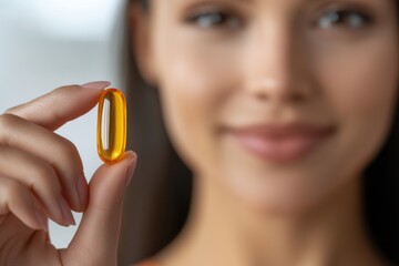 Fototapeta premium A woman holding a golden supplement capsule, smiling confidently. Ideal for health and wellness themes, nutrition, and personal care.