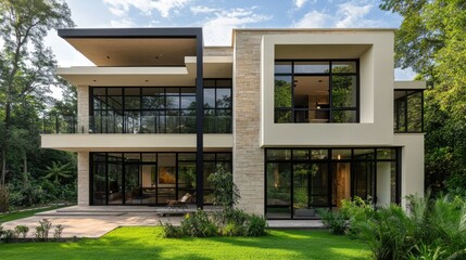 Modern two-story house with cream-colored walls and black glass windows, surrounded by a lush green landscape, capturing the essence of contemporary luxury living