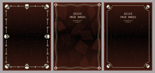 Vintage vertical frames made with skull, bones. Dar red textured background with copy space. For Halloween, Dia de los Muertos holiday decoration. Template for menu, poster, invitation. A4