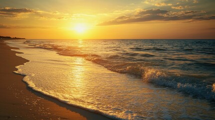 A serene sunset at the beachfront, with the sun dipping below the horizon and casting a warm golden glow over the waves.