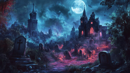 A graveyard with crimson red and purple bioluminescent lights in the night sky, a vampire castle in...