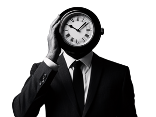 a man in a suit holding a clock over his face