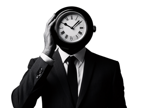 a man in a suit holding a clock over his face