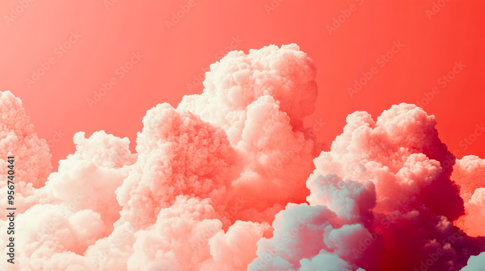 Poster fluffy clouds float in a vibrant pink sky, creating a surreal and eye-catching visual experience tha