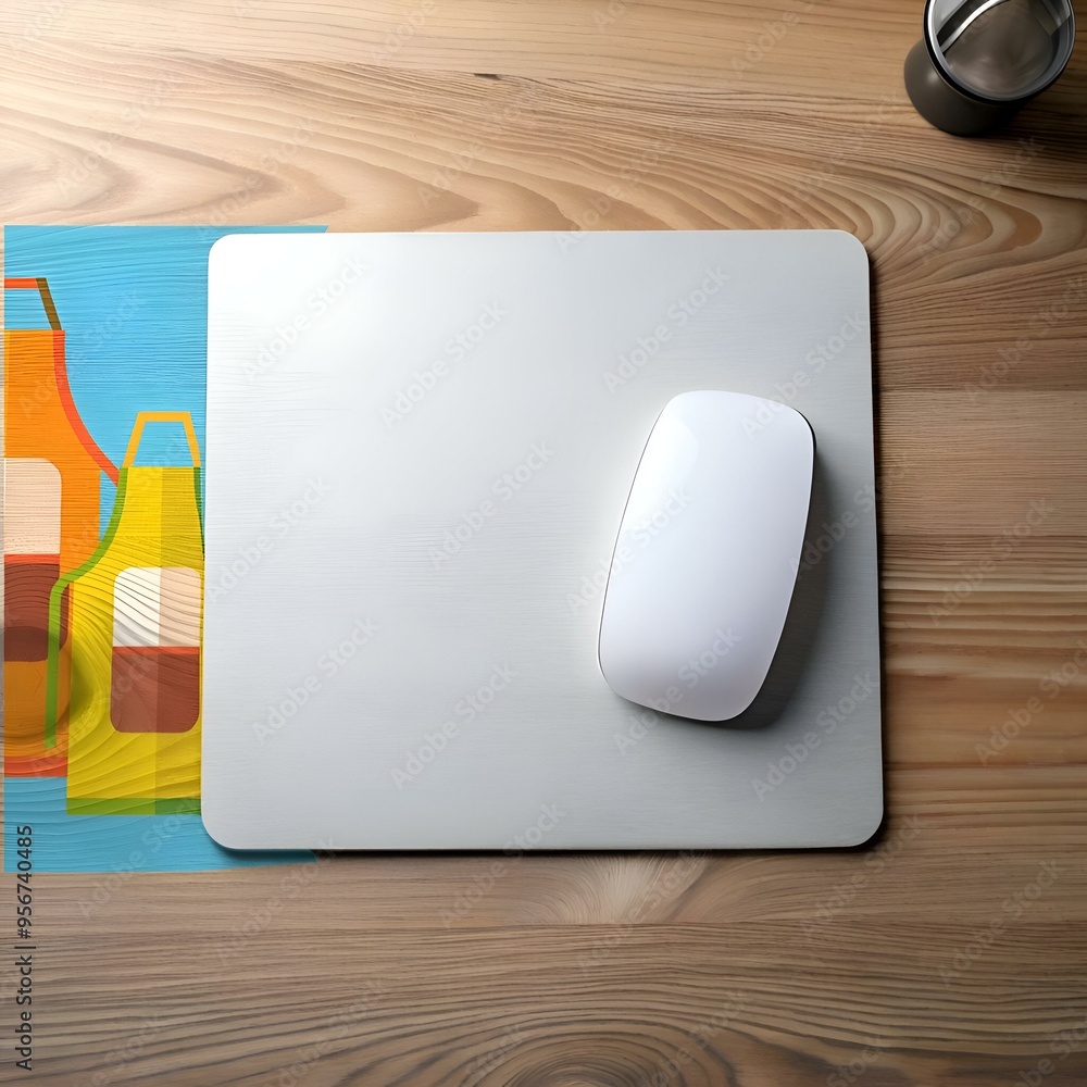 Poster a top down view of a modern. minimalist workspace with a white wireless mouse resting on a sleek gre
