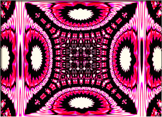 A vibrant, symmetrical pattern features an array of bold pink, black, and white geometric shapes radiating from the center. The intricate design creates a sense of motion and depth.