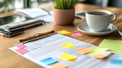Business plan template on a desk with sticky notes and coffee, planning session