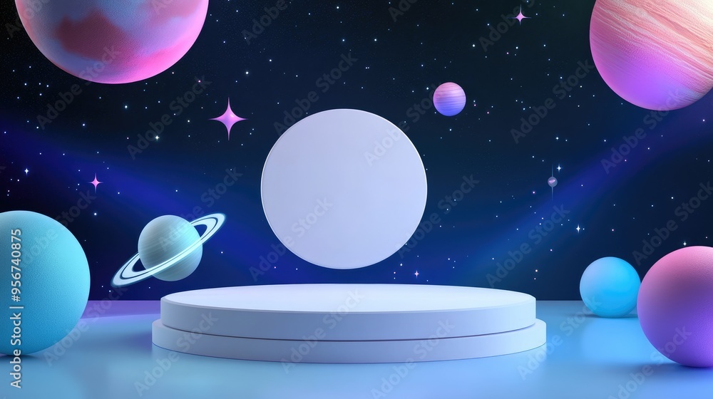 Poster floating white podium set in a cosmic backdrop with stars and planets, creating a futuristic product