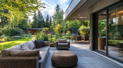 Outdoor living area of a modern home with a stylish patio, comfortable seating, and a view of the garden, perfect for entertaining guests
