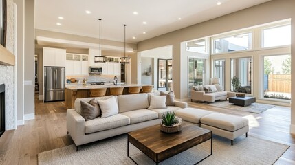 Fototapeta premium Sleek and modern living room interior with an open floor plan, featuring stylish furniture and a neutral color palette, ready for real estate listings