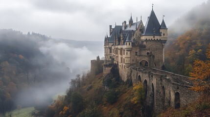 Fototapeta premium A panoramic view of a medieval castle surrounded by a misty morning fog, creating a mystical and enchanting atmosphere.