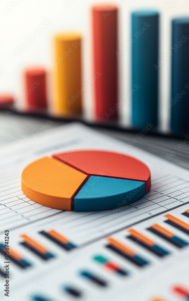 Poster vibrant pie chart showcasing data visualization on a financial report, highlighting trends with colo
