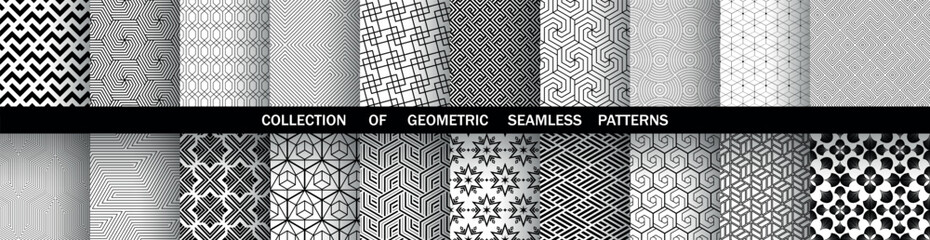 Geometric set of seamless black and white patterns. Simple vector graphics.