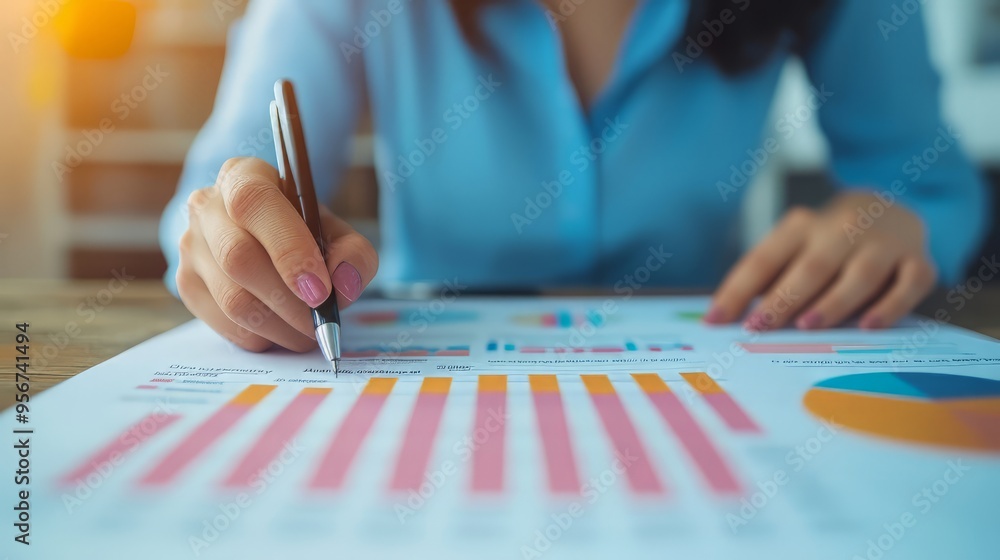 Poster a business professional analyzes data and trends while writing insights on a chart, enhancing decisi