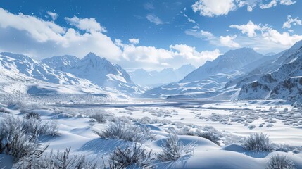 Obraz premium A panoramic view of a snow-covered valley with snow-dusted peaks rising in the distance,