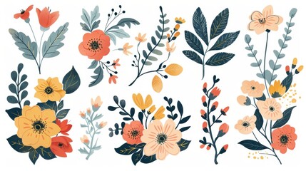 Collection of hand-drawn spring blossoms and leafy branches, ideal for Thanksgiving decor and clipart