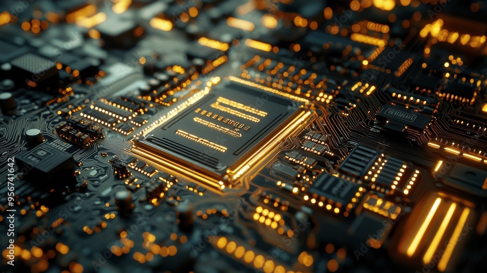 Poster a close-up view of a glowing microchip on a circuit board, showcasing intricate details and modern t