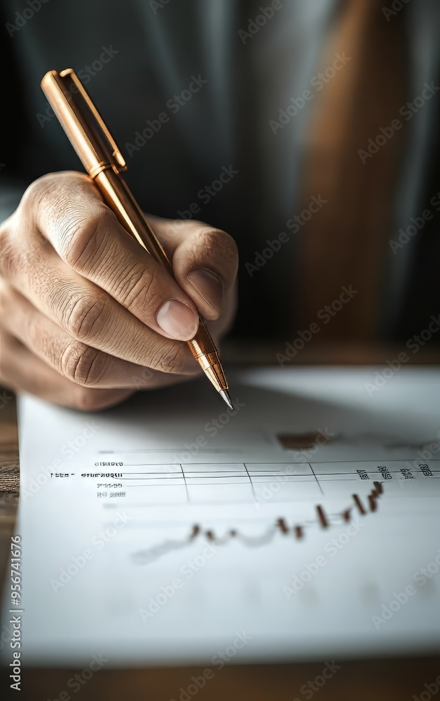 Poster a businessman analyzing financial data with a pen, focusing on charts and graphs on paper, symbolizi