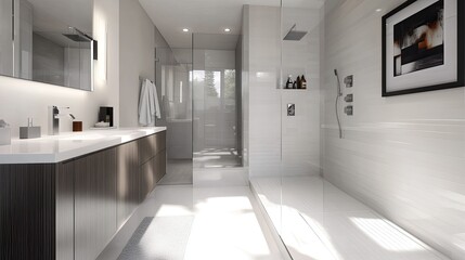 Sleek modern bathroom featuring a frameless mirror, a floating vanity with white countertops, and a walk-in shower with a rain head