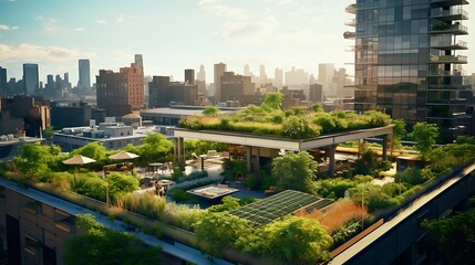 An inviting snapshot of a green rooftop garden on an urban building, illustrating sustainable living practices and the integration of nature into architecture.