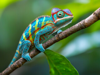Obraz premium A colorful chameleon is perched on a green leaf. The bright colors of the chameleon contrast with the green leaf, creating a vibrant and lively scene