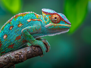 Obraz premium A green and orange lizard is perched on a branch