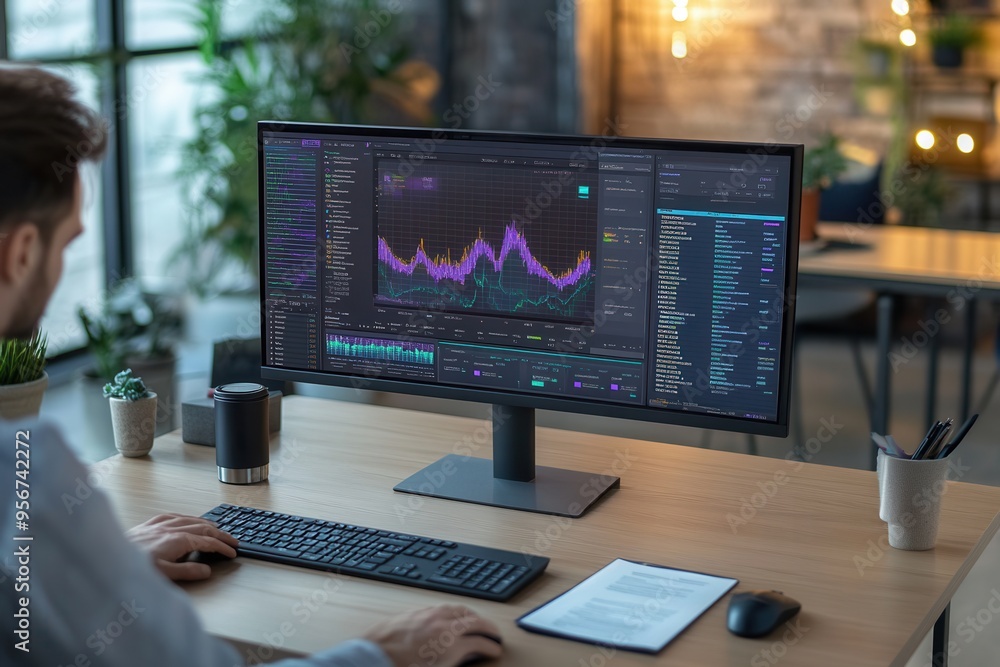 Poster an expert is deeply focused on analyzing complex data on a large monitor, surrounded by a tidy desk 