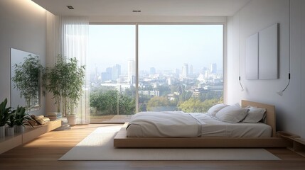 Spacious bedroom with a minimalist design, luxury bedding, and a large window overlooking a cityscape, capturing the modern essence of a beautiful apartment