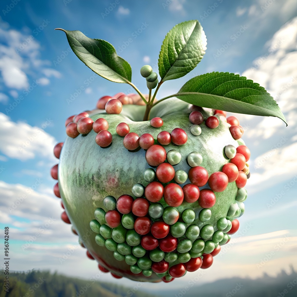Aufkleber a surreal 3d illustration of an apple covered in red and green berries. creating a unique and eye ca