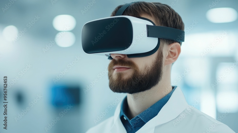 Poster scientist wearing virtual reality goggles surrounded by digital displays and monitors while conducti