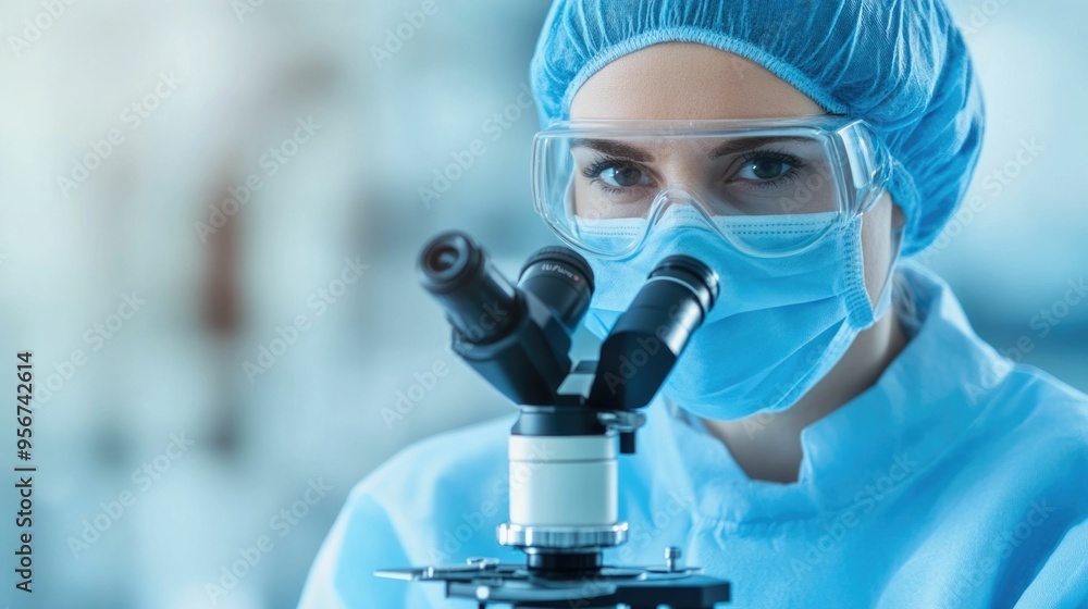 Poster a scientist intently examining images captured through a sophisticated electron microscope in a well