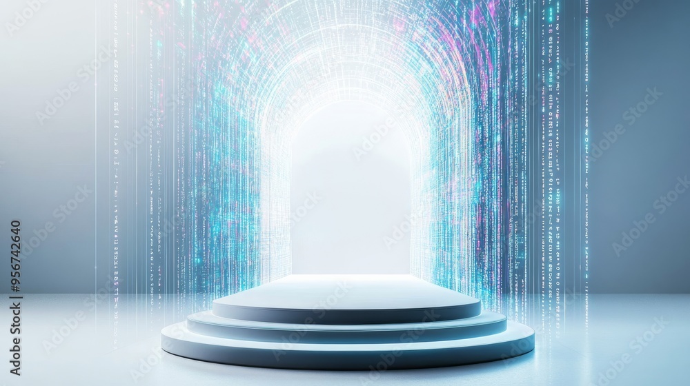 Poster futuristic abstract portal with glowing digital code.